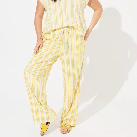 torrid Pants - TORRID Pull-On Wide Leg Linen High-Rise Pants Yellow Striped 00 MEDIUM 10 12